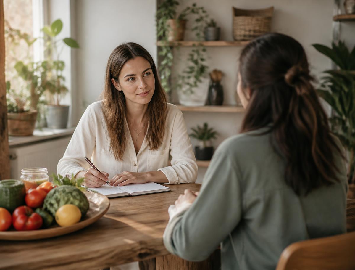 A nutritionist reviewing a plan with a client at a wooden table